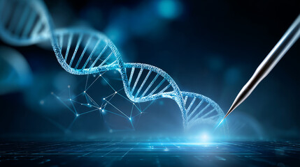 Blue DNA double helix with water molecule blue background. Human genetic research DNA, laboratory environment. Abstract image of human genetics, which glowing DNA strands merge with digital elements