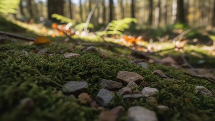 Fototapeta premium Mossy Forest Floor with Stones Nature Ground Flora