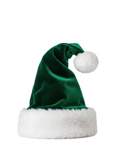 Extreme macro of luxurious emerald green velvet santa hat, thick white faux fur and pom-pom, isolated on a bright white studio background with copy space. Concept of christmas luxury and high-end