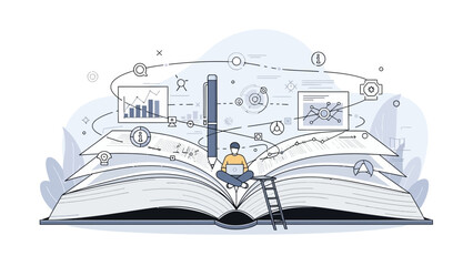 Business analyst studying complex data analysis and strategic planning on a large open book concept for education material, marketing strategy and corporate training