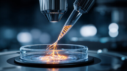 Blue DNA double helix with water molecule blue background. Human genetic research DNA, laboratory environment. Abstract image of human genetics, which glowing DNA strands merge with digital elements