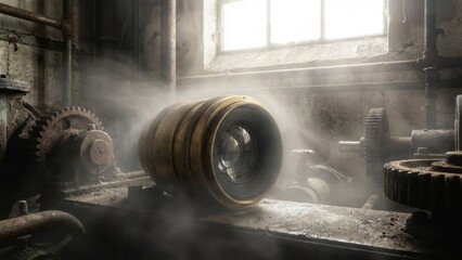 Vintage Camera Lens in Industrial Setting Machinery Gears Workbench