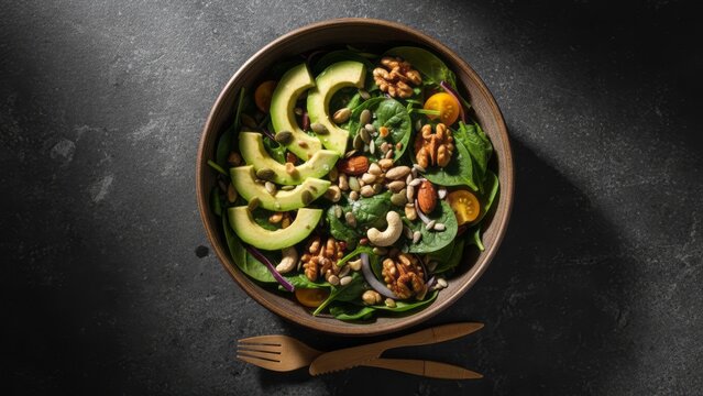 Healthy Green Salad with Nuts and Avocado Healthy Food Spinach Vegetarian - Powered by Adobe