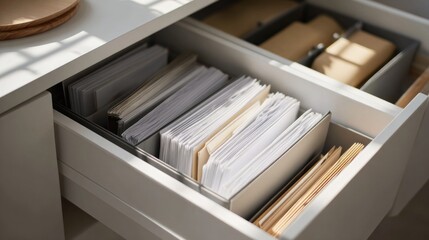 Open white desk drawer organized with separators holding stacks of papers, documents and manila folders in neat vertical rows. Modern storage solutions, decluttering, systematic record-keeping