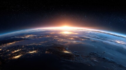 Fototapeta premium Earth's Horizon: Captivating Sunrise View from Space Revealing City Lights, Atmospheric Glow, and Cosmic Vastness