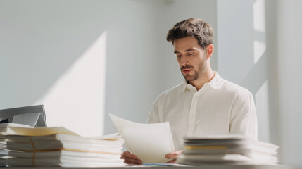 Man review papers, sitting at desk with large stacks of documents and laptop emphasizing focus and administrative work. Focused office work, business planning, financial analysis, paperwork overload