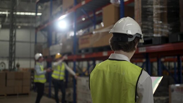 Blue collar workers are working at warehouse. Industrial and factory.