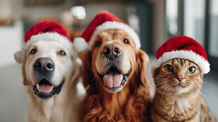 Adorable pets wearing, santa hats celebration, Christmas joy love, family traditions display, holiday animal companions, festive pet photography, seasonal cheer moment, with copy s