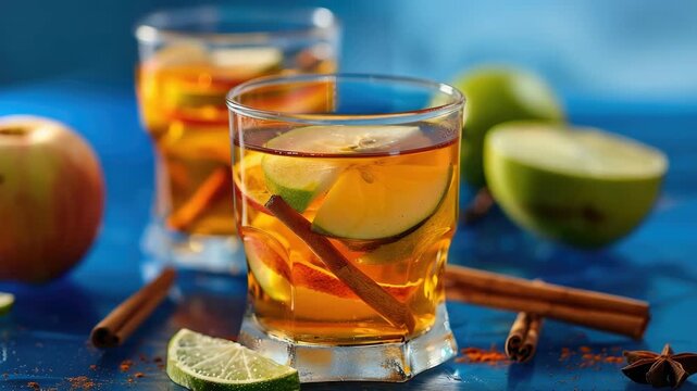 Two glasses of apple cider with cinnamon sticks in them. There are also two apples on the table