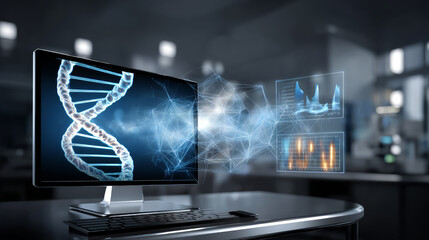 Blue DNA double helix with water molecule blue background. Human genetic research DNA, laboratory environment. Abstract image of human genetics, which glowing DNA strands merge with digital elements