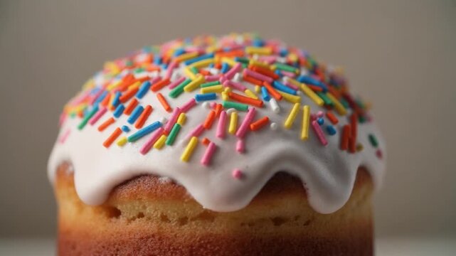 A close-up shot of a traditional Easter cake with white icing and colorful sprinkles.