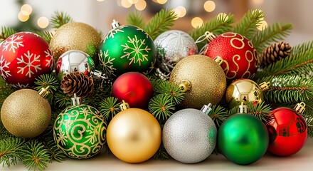 Vibrant Christmas baubles in red, green, gold, and silver nestled among festive fir branches and pinecones, with blurred lights in the background.