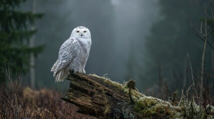 Fototapeta premium Majestic Snowy Owl Perched on Mossy Log in Forest, Wildlife Photography and Nature Background
