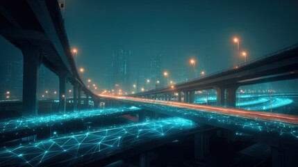 Futuristic Cityscape with Elevated Highways, Digital Overlay, and Night Illumination, Ideal for Technology Concepts