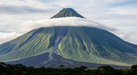 Majestic Green Volcano Peak with Clouds, Lush Tropical Landscape