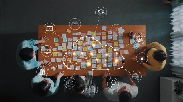 A top-down view of a collaborative brainstorming session featuring a variety of sticky notes arranged on a table. Digital icons illustrate the connections in networking and teamwork. Raster