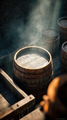 rustic wooden barrel on deck with sunlight beams and mist in a cellar or ship hold, vintage storage and aged oak container