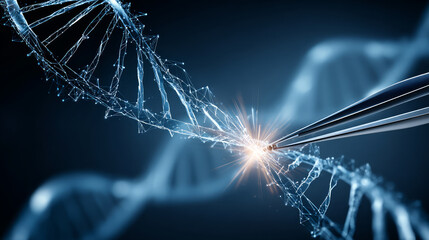 Blue DNA double helix with water molecule blue background. Human genetic research DNA, laboratory environment. Abstract image of human genetics, which glowing DNA strands merge with digital elements
