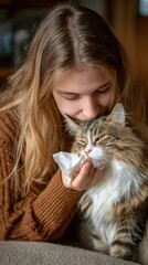 Young woman gently cleaning longhair cat's face with tissue at home &mdash; intimate pet care moment showing cat grooming and affection
