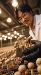 Close-up of porous substrate block with clustered brown mushrooms held by gloved hand in indoor mushroom farm under warm grow lights
