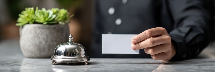 hotel receptionist handing a business card across a marble desk with service bell and potted plant at front desk