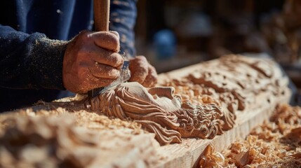 manufacture wood close-up of young woodcarver chiseling bearded relief on vertical log with mallet, chisel, and shavings