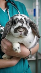 Pet care veterinarian in teal scrubs cradling black-and-white lop-eared rabbit with stethoscope against chest in clinical exam room, close-up