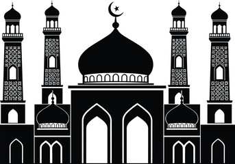 Intricate Islamic mosque silhouette vector with domes and ornate minarets for religious festival artwork and architectural design projects © EdGe Creative