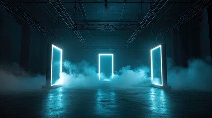 Obraz premium Abstract Neon Portals with Smoke in an Industrial Space, Reflecting on Polished Concrete Floors