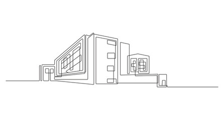 School Building Construction or office  continuous one line art drawing,