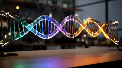 Blue DNA double helix with water molecule blue background. Human genetic research DNA, laboratory environment. Abstract image of human genetics, which glowing DNA strands merge with digital elements
