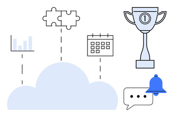 Cloud computing concept. Cloud computing connects analytics, collaboration tools, and achievement icons. Cloud computing for productivity, teamwork, data sharing, goal tracking, and business apps