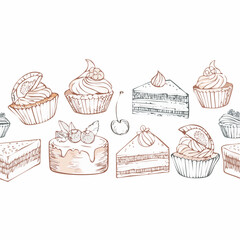 Cakes and pies horizontal seamless border pattern in sketch style