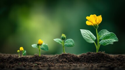 Fototapeta premium Sequential Stages of Yellow Flower Growth: From Seedling to Bloom, Representing Development and Progression