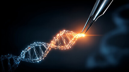 Blue DNA double helix with water molecule blue background. Human genetic research DNA, laboratory environment. Abstract image of human genetics, which glowing DNA strands merge with digital elements