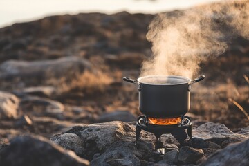 Cooking pot on a portable stove with steam rising, illuminated by warm sunlight in a serene outdoor setting, showcasing the essence of outdoor culinary experiences