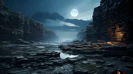 ancient stone canyon under a moonlit sky
