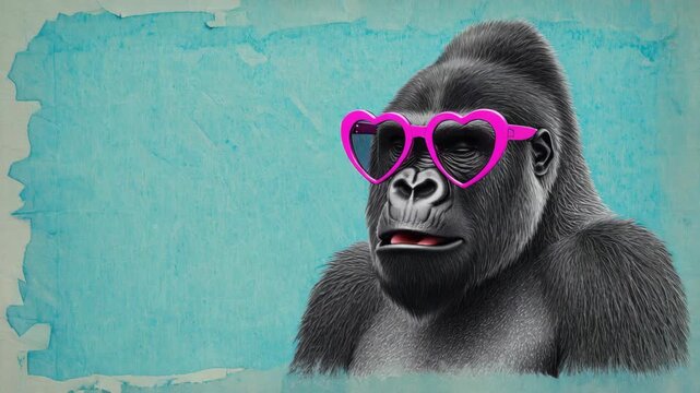 Stylish gorilla with pink glasses and a blue backdrop