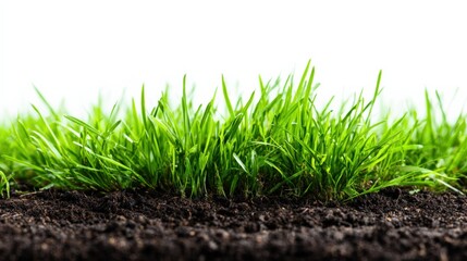 Naklejka premium Fresh green grass growing in dark soil, isolated on white background, representing growth and spring