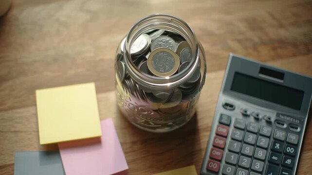 Household cashflow jar of coins on wooden table with calculator and colorful sticky notes showing budgeting planning and careful money management