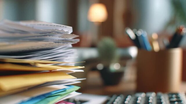 Household cashflow paperwork stack desk showing organized bills and colorful envelopes conveying financial planning and everyday money management