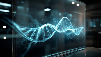 Blue DNA double helix with water molecule blue background. Human genetic research DNA, laboratory environment. Abstract image of human genetics, which glowing DNA strands merge with digital elements