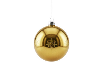 ultra-detailed, photorealistic macro shot of a single, highly polished metallic gold christmas bauble with an etched star pattern, hanging centered on a transparent background with copy space,