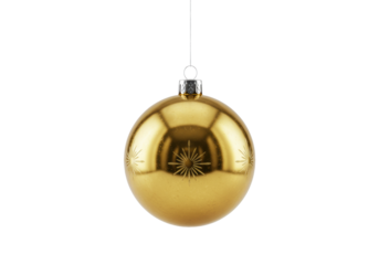 ultra-detailed, photorealistic macro shot of a single, highly polished metallic gold christmas bauble with an etched star pattern, hanging centered on a transparent background with copy space,