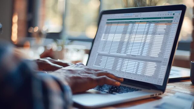 Household cashflow spreadsheet budget laptop hands finance accounting budget planning analysis Excel style table showing calculator desktop warm home