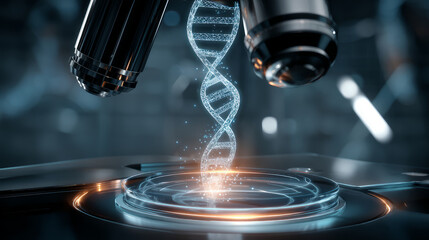 Blue DNA double helix with water molecule blue background. Human genetic research DNA, laboratory environment. Abstract image of human genetics, which glowing DNA strands merge with digital elements