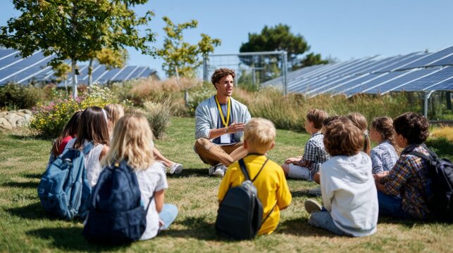 Teacher instructing seated diverse children about solar panels in sunny outdoor environment - Powered by Adobe
