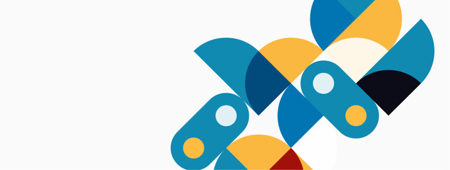 Abstract geometric shapes overlap, creating dynamic composition. Blue, yellow, gray tones dominate white background. Modern design element.