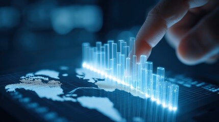 Global Business Analytics: Finger Touching Holographic Bar Graph Over World Map Displaying Financial Data
