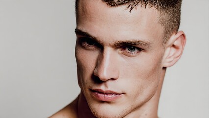 Fototapeta premium Intense close-up portrait of a handsome young man with short dark hair and striking blue eyes.
